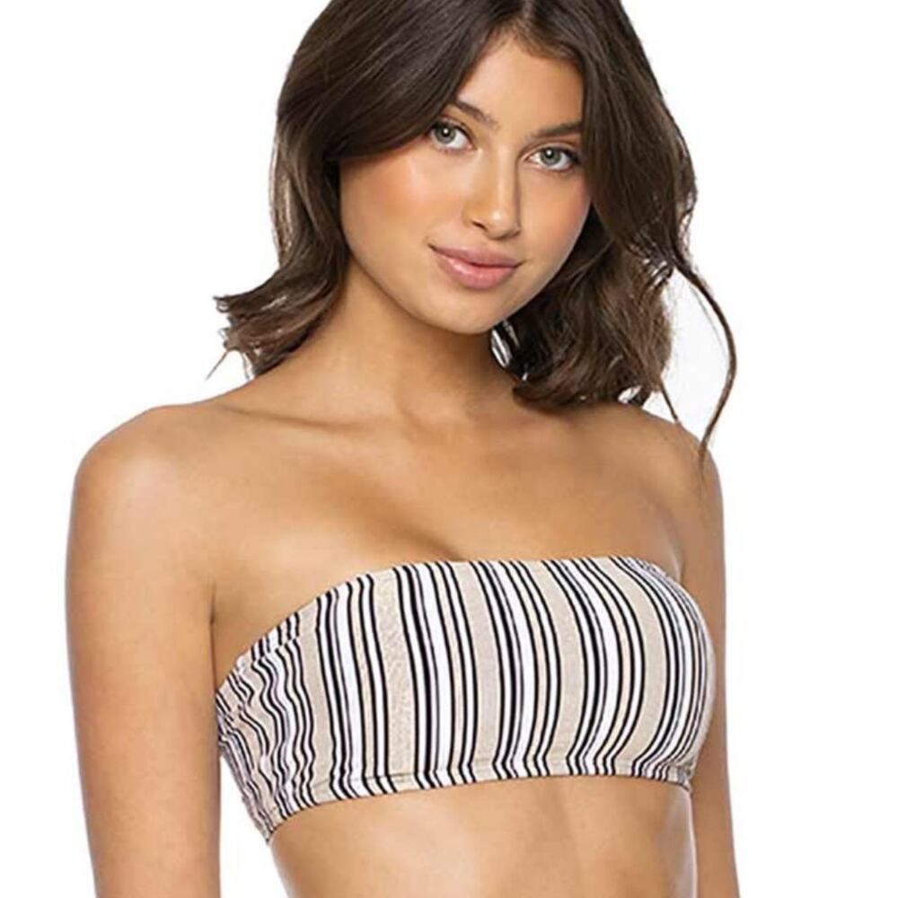 PQ SWIM PILYQ Bikini Top SZ D Cup Harbour Stripe Metallic Bandeau Tube Swim NWT
